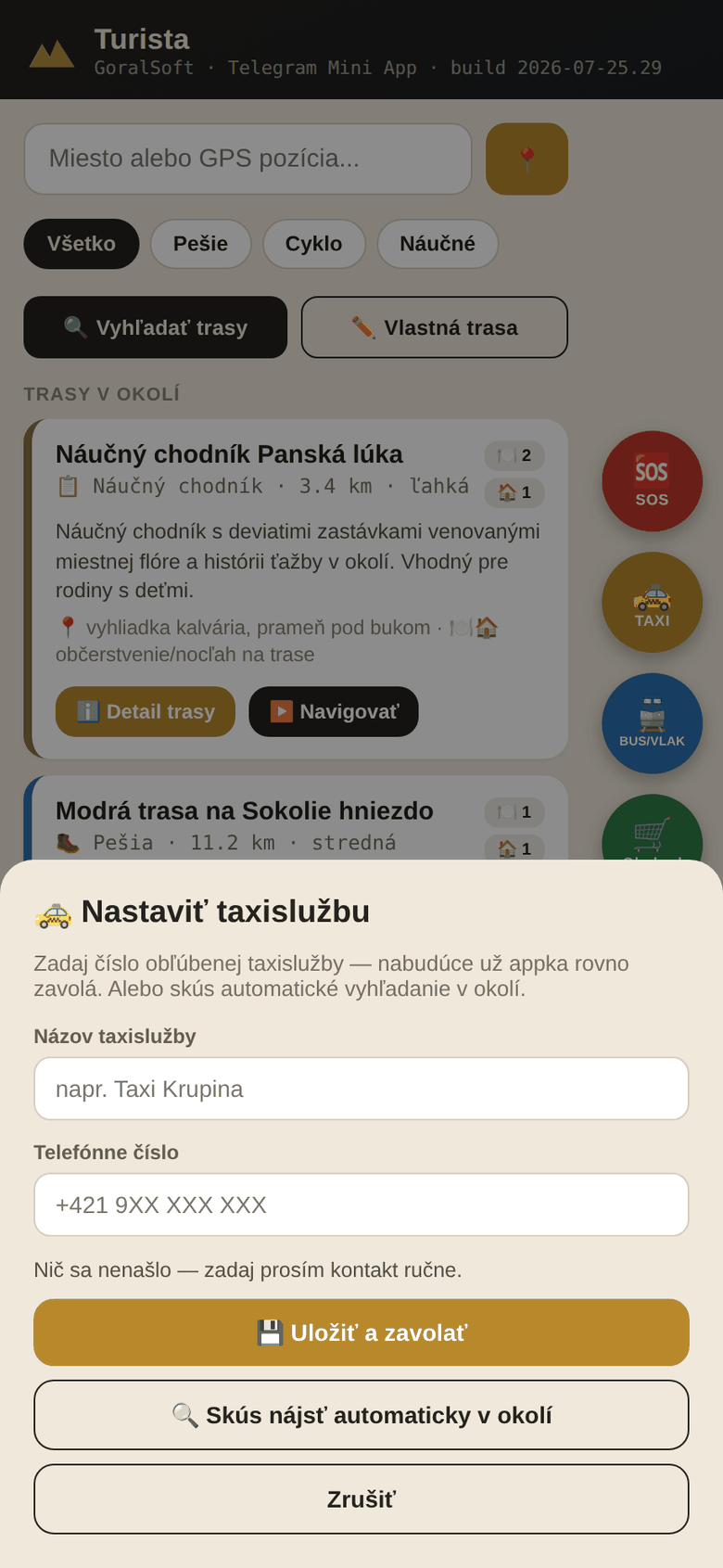 Turista — uloženie kontaktu na taxislužbu